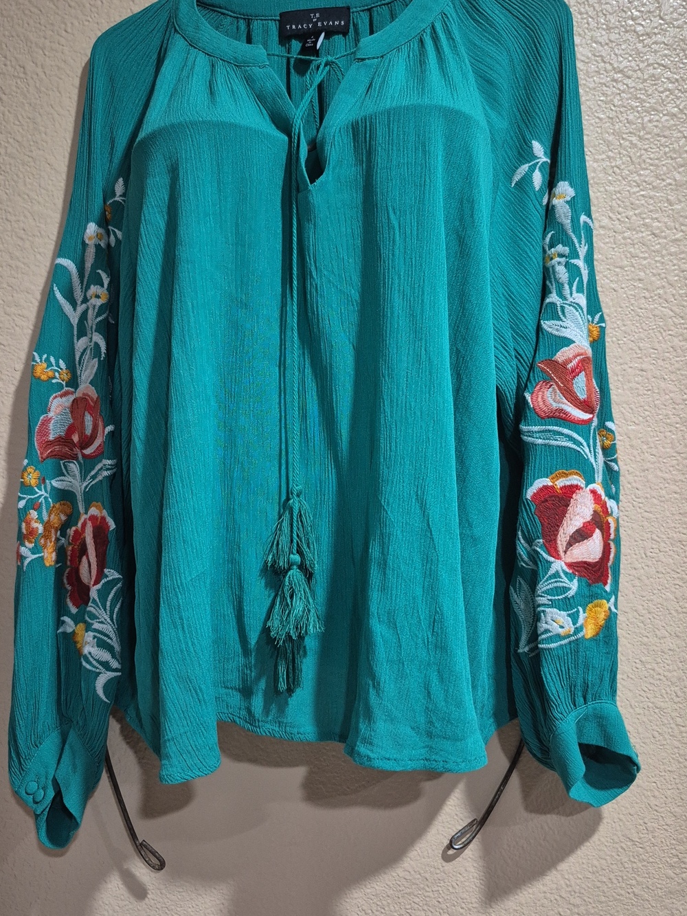 Tracy Evans Teal Embroidered Tassel Peasant Top